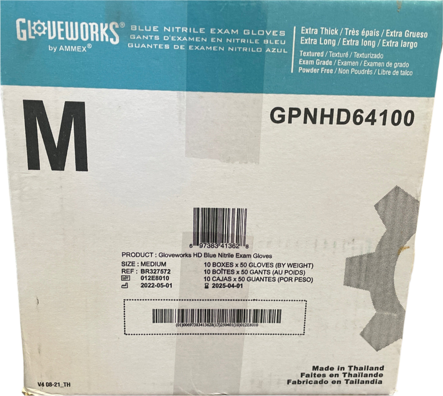 GloveWorks by AMMEX Blue Nitrile Exam Gloves, Powder-Free, Medium, Blue, 8 mil, 50/Box, 10 Boxes/Carton