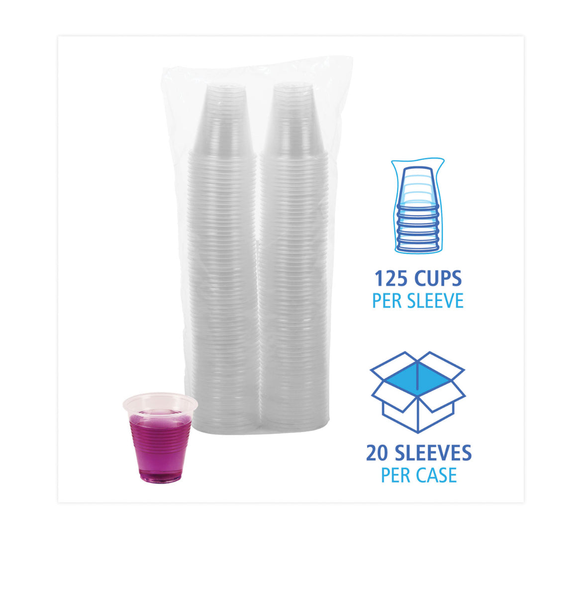 Boardwalk Translucent Plastic Cold Beverage Cups, 3 Oz, 125 Cups per Bag, 20 Bags per Carton