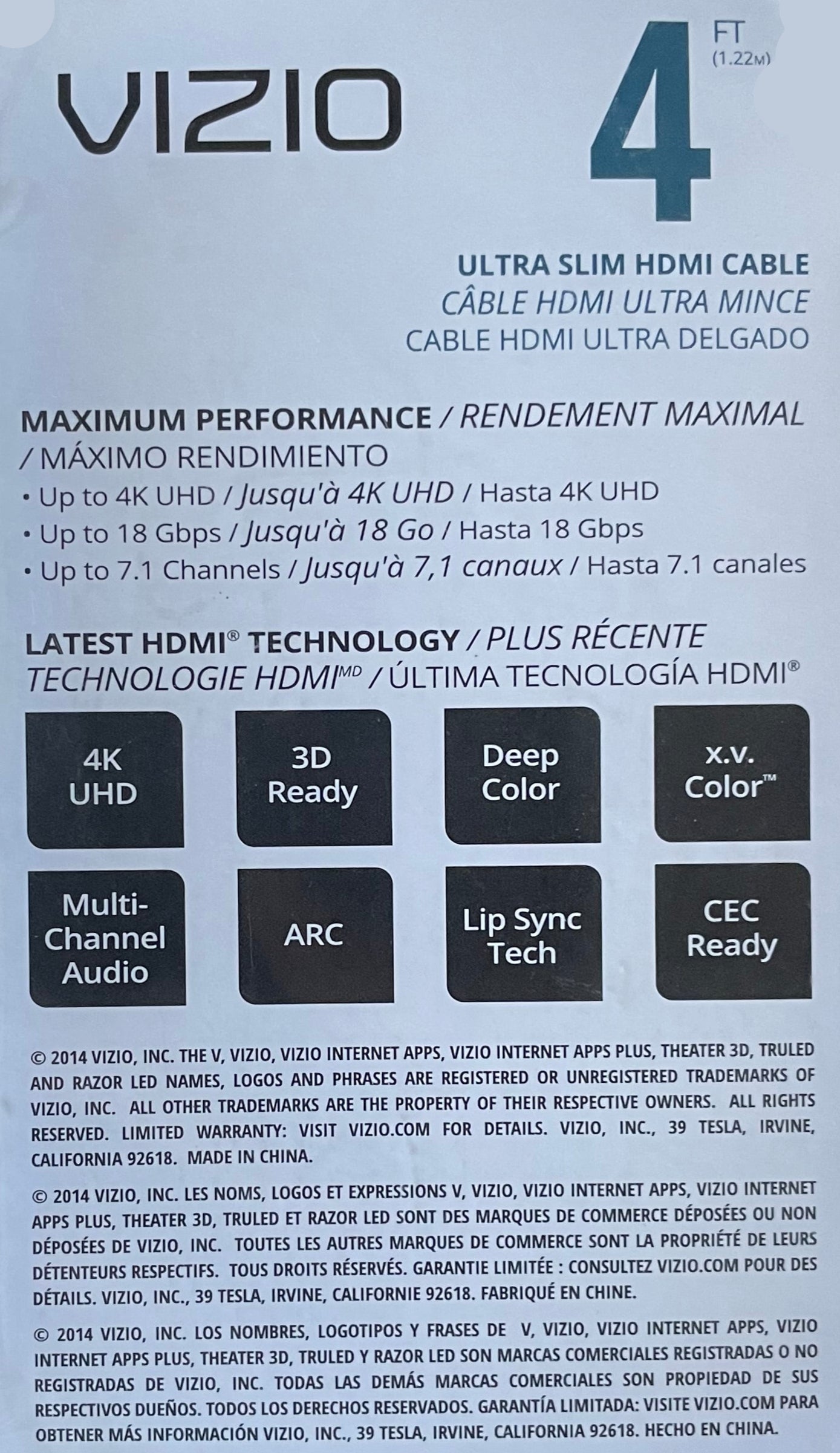 VIZIO TXCH4X-C3 Ultra Slim HDMI Cable, 4ft