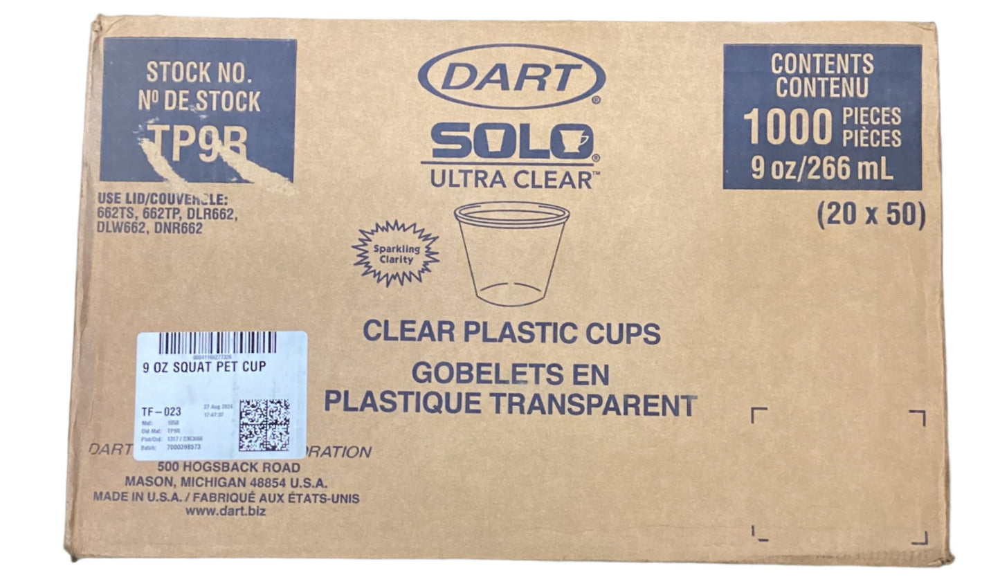 Dart Ultra Clear Pet Cups, 9 Oz, Squat, 50/bag, 20 Bags/carton ( DCCTP9R )
