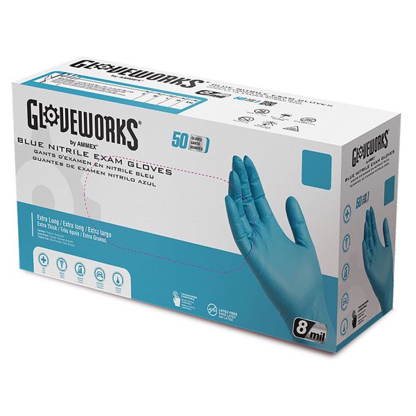 GloveWorks by AMMEX Blue Nitrile Exam Gloves, Powder-Free, Medium, Blue, 8 mil, 50/Box, 10 Boxes/Carton