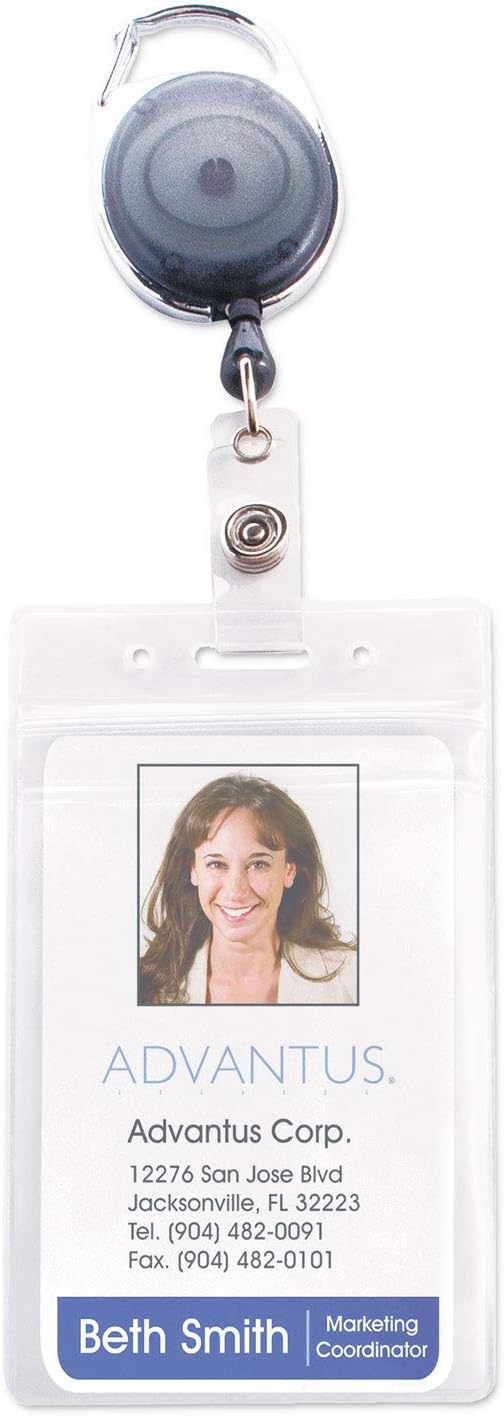 Advantus 91129 Resealable ID Badge Holder Cord Reel Vertical 2 5/8 x 3 3/4 Clear 10/Pack
