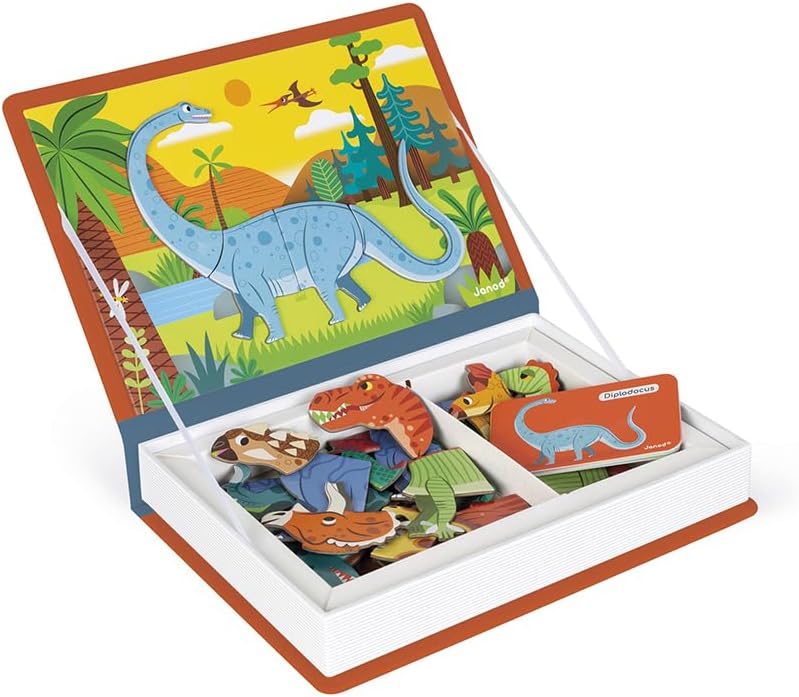 Janod - Magneti'Book Dinosaurs - 50-Part Educational Magnetic Game Teaches fine Motor Skills and Imagination - (J02590)