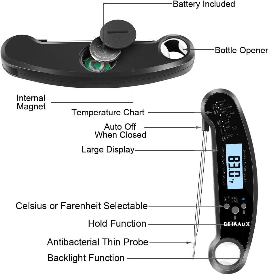 GERBAUX Digital Kitchen Thermometer - Body and Wireless Large Probe with a Bottle Opener and Backlit Dial