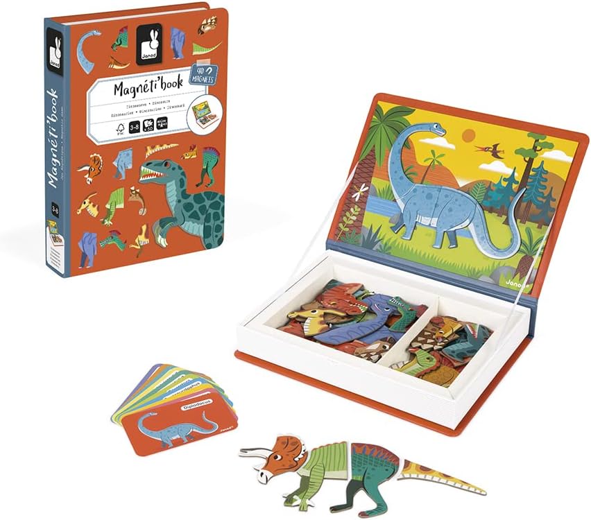 Janod - Magneti'Book Dinosaurs - 50-Part Educational Magnetic Game Teaches fine Motor Skills and Imagination - (J02590)