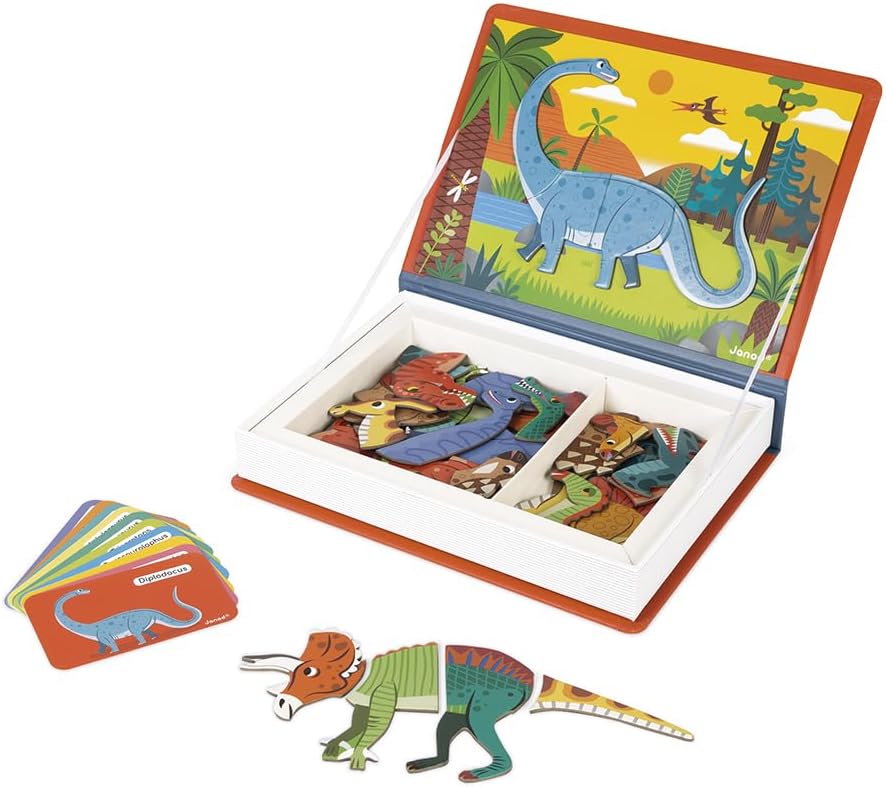 Janod - Magneti'Book Dinosaurs - 50-Part Educational Magnetic Game Teaches fine Motor Skills and Imagination - (J02590)