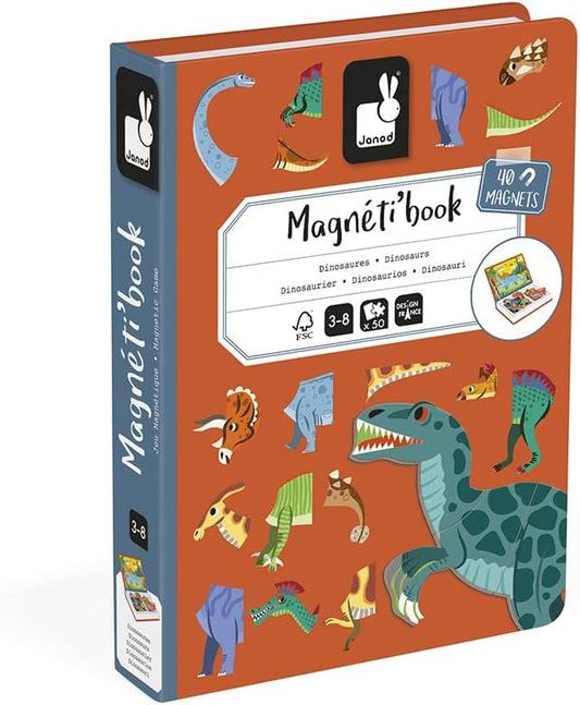 Janod - Magneti'Book Dinosaurs - 50-Part Educational Magnetic Game Teaches fine Motor Skills and Imagination - (J02590)
