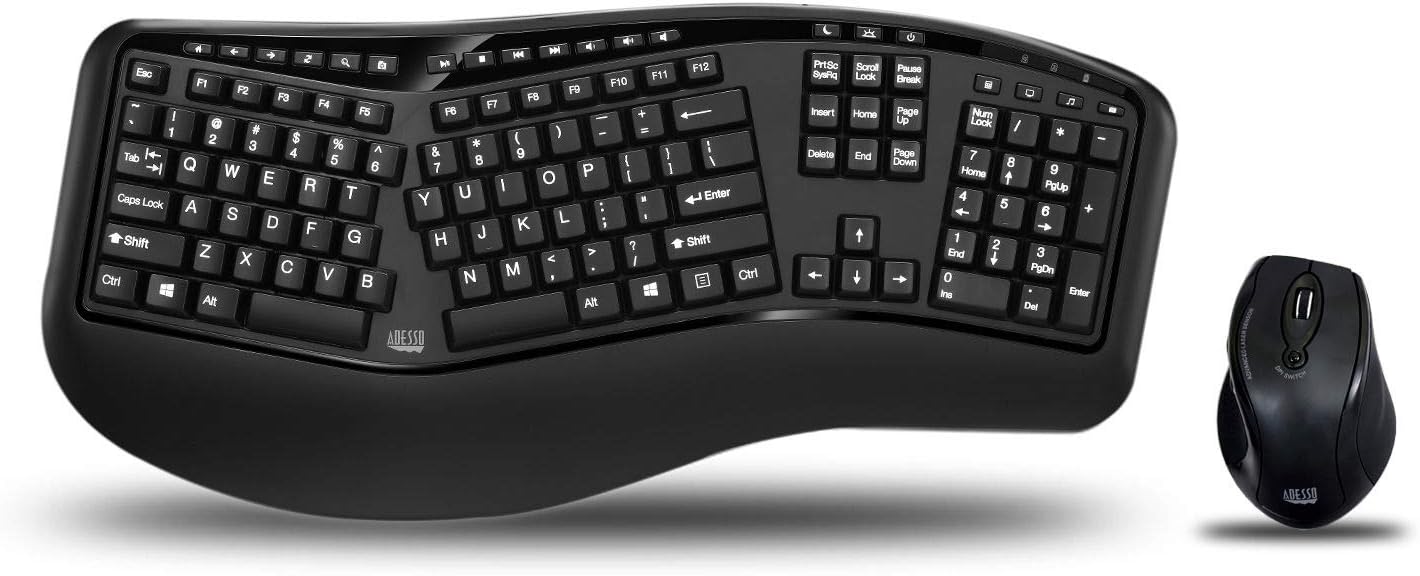 Adesso WKB-1500GB - Wireless Ergonomic Desktop Keyboard and Laser Mouse with Split Keys Design and Palm Rest for Comfort
