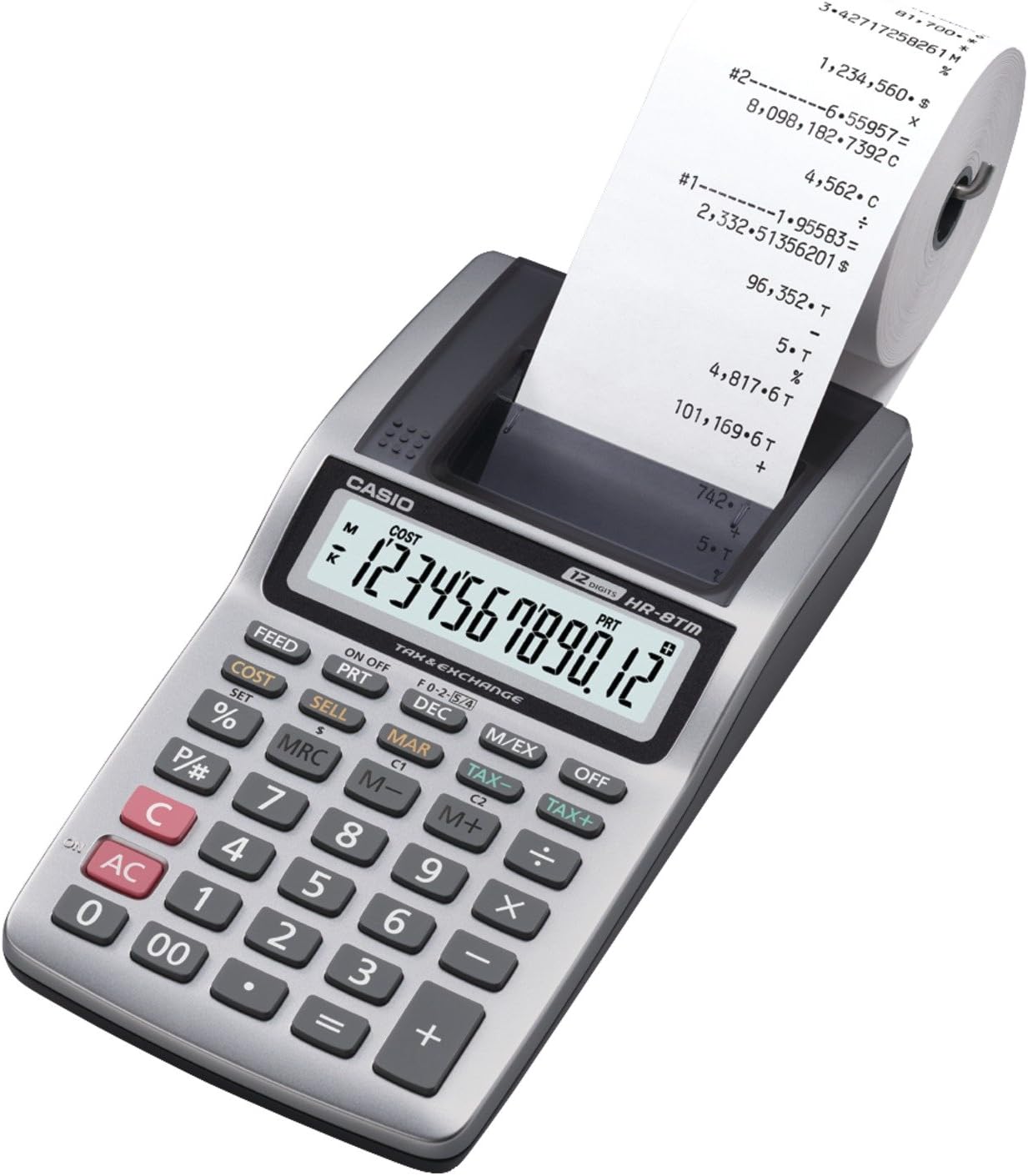 Casio HR-8TMPlus 12-Digit Desktop Calculator, Gray