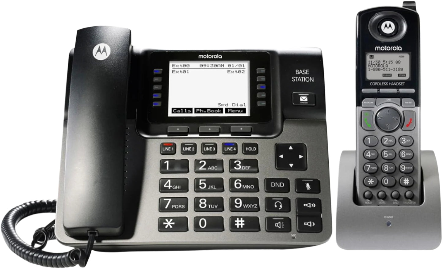 Motorola (ML1250) 4 line Corded/Cordless Phone System, 1 handset, Black/Silver