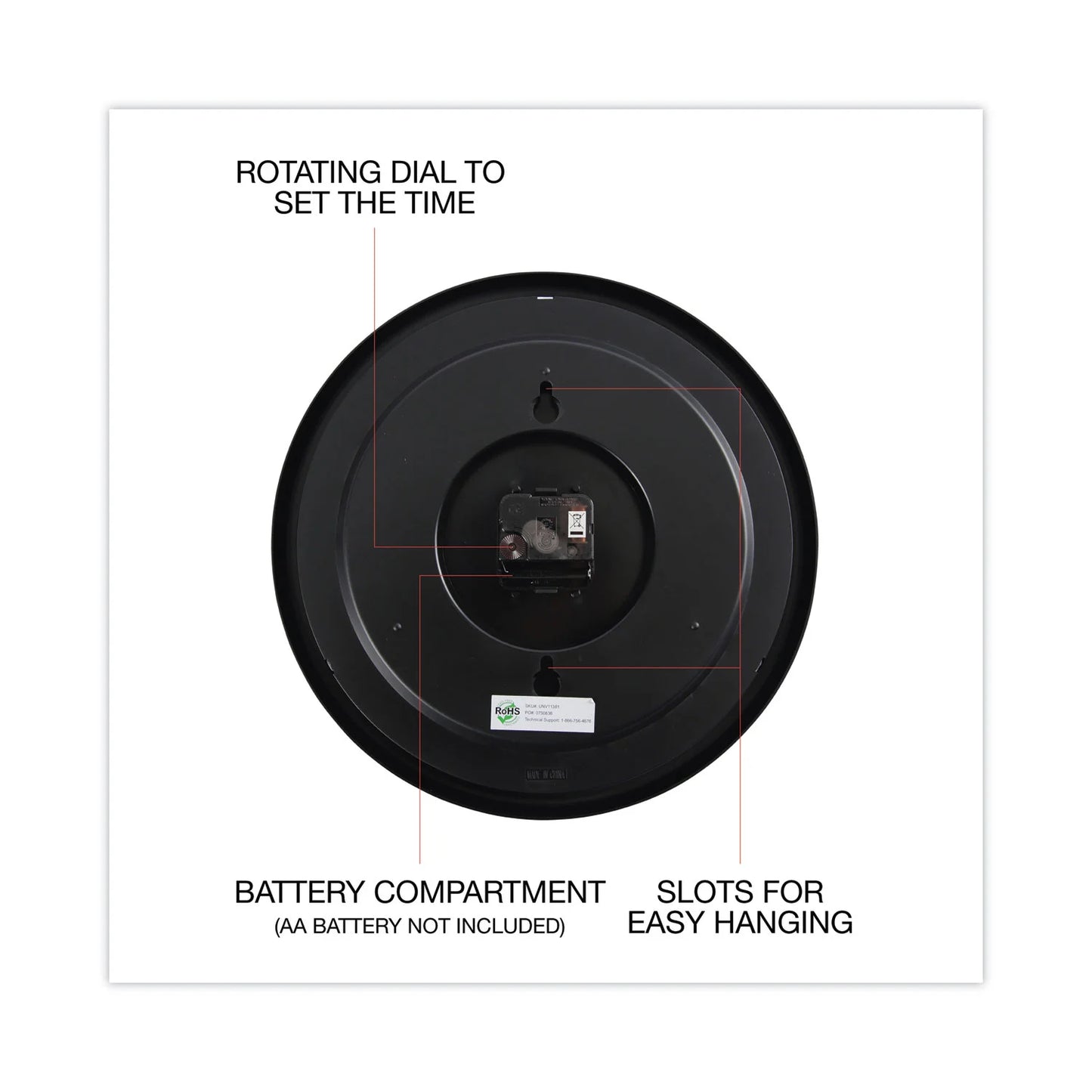 Universal Round Wall Clock, 12 5/8", Black UNV10431