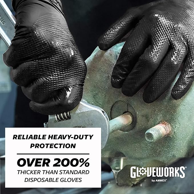 GLOVEWORKS HD Black Nitrile Gloves - 6 mil Disposable, Latex Free Mechanics Gloves (10 boxes of 100)