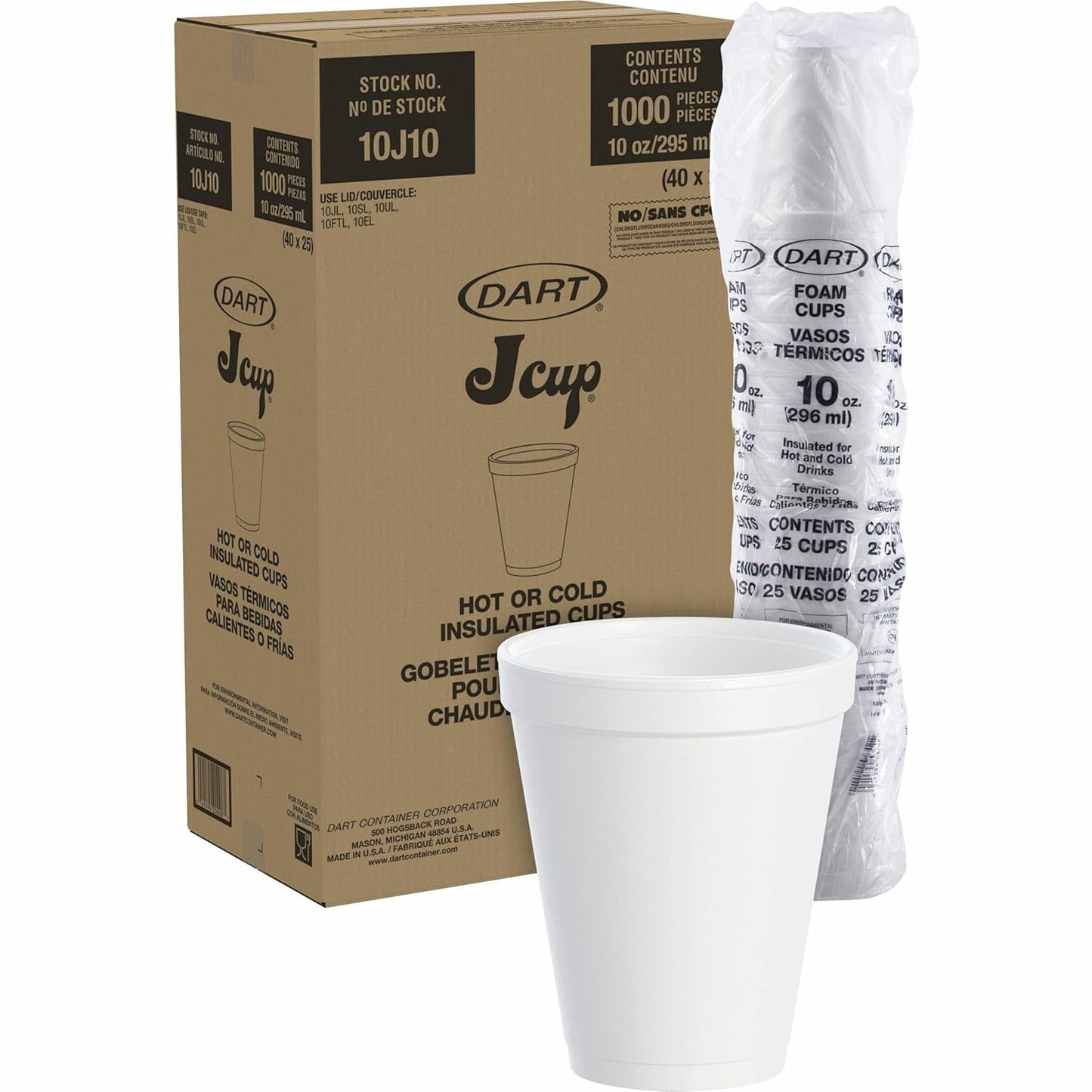 Dart 10J10 J Cup 10 Oz Insulated Foam Cup - Polystyrene, White, 10 Ounce, 1000pcs