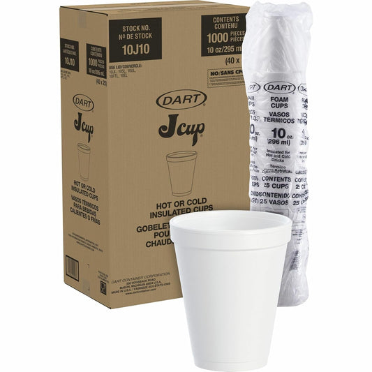 Dart 10J10 J Cup 10 Oz Insulated Foam Cup - Polystyrene, White, 10 Ounce, 1000pcs