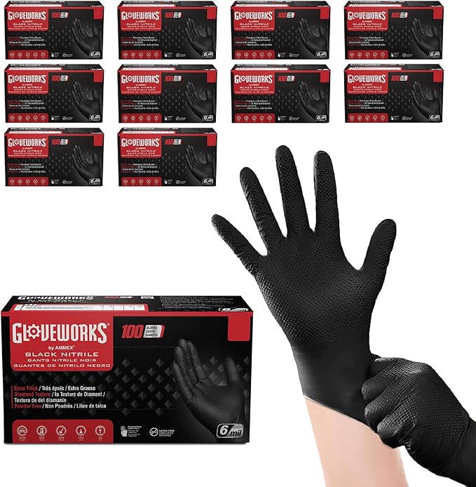 GLOVEWORKS HD Black Nitrile Gloves - 6 mil Disposable, Latex Free Mechanics Gloves (10 boxes of 100)