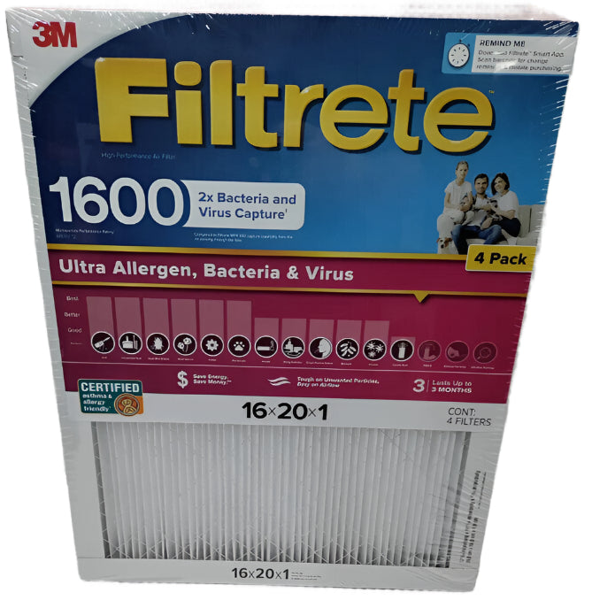 Filtrete Air Filter MPR 1600 MERV 12 Healthy Living Ultra-Allergen 3-Month Pleated 1-Inch Air Filters (Pack of 4)