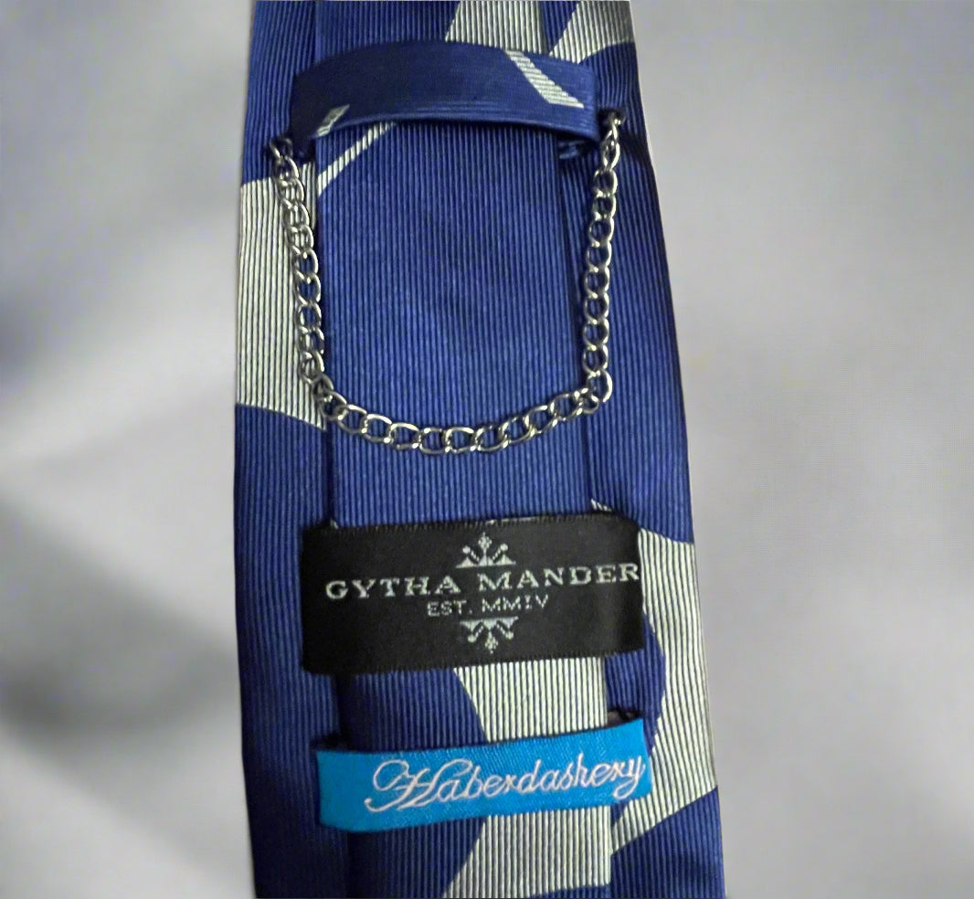 Gytha Mander Haberdashery Tie - Size: Tall Color: Silver Pattern: Silk w/Blue Circles