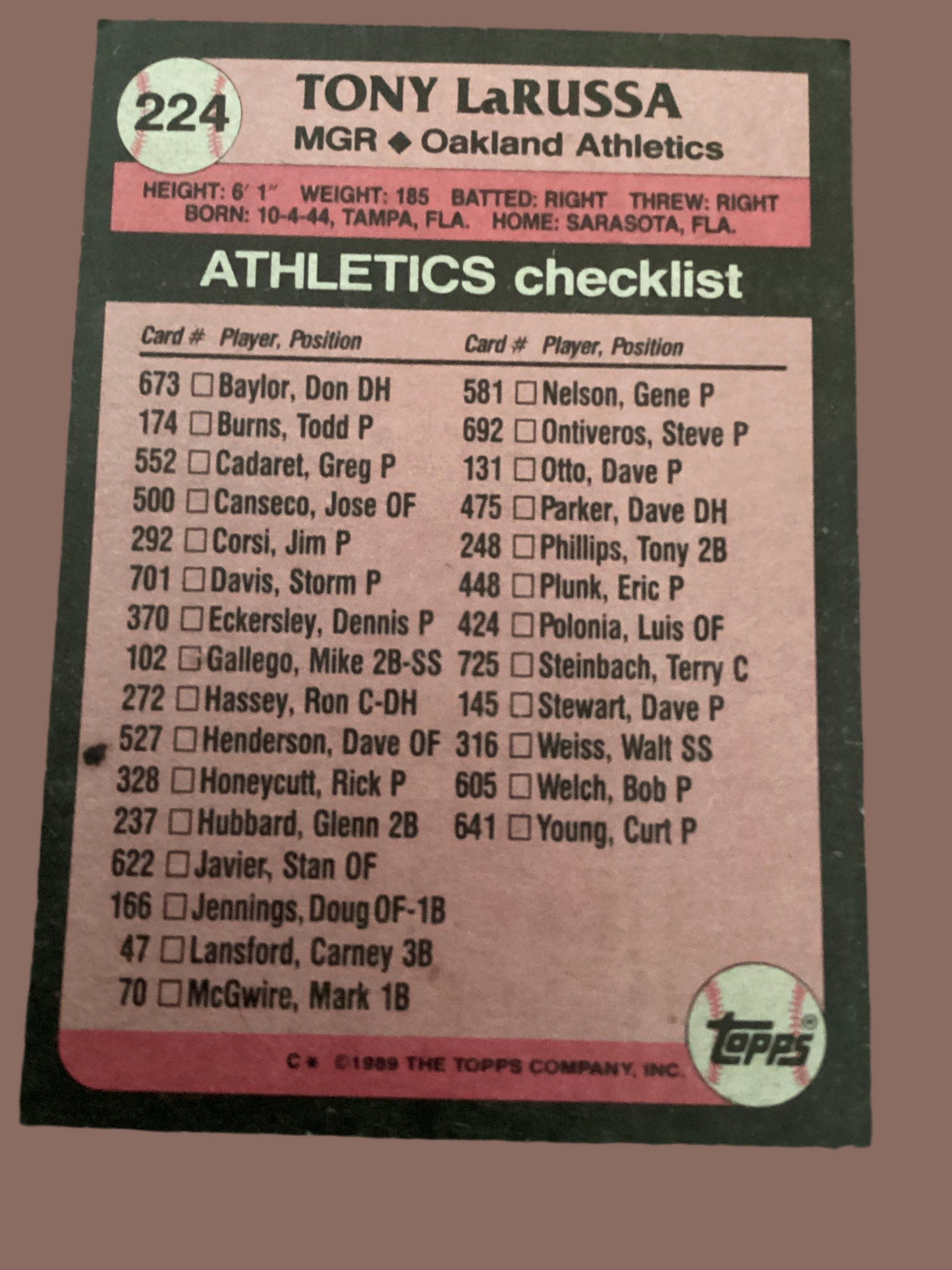 TOPPS Tony LaRussa Trading Card