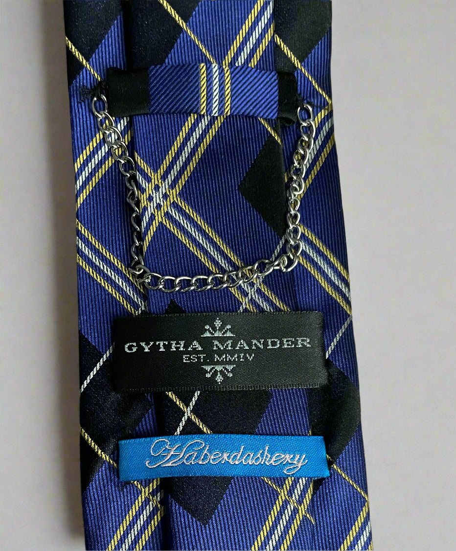 Gytha Mander Haberdashery Tie - Size: Tall / Color: Blue, Yellow  / Pattern: Plaid