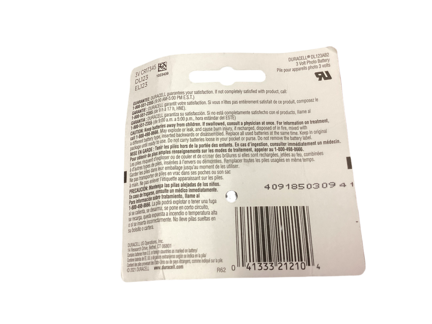 Duracell DL123AB2B Ultra High Power Lithium Battery, 123, 3V, 2/Pack