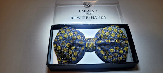 Imani Uomo Pre-tied Microfiber Bow Tie + Hanky - Dark Blue With Gold Polka Dots