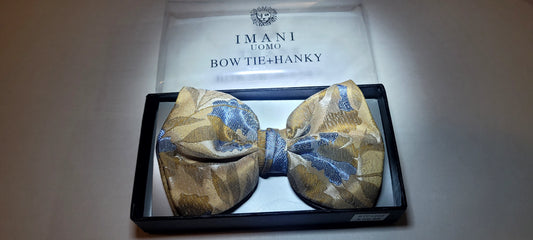 Imani Uomo Pre-tied Bow Tie & Hanky (Microfiber) Blue & Gold