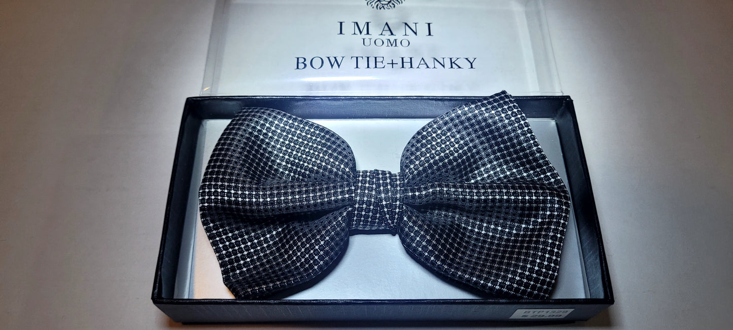 Imani Uomo Pre-tied Bow Tie + Hanky Microfiber Black & White Pattern