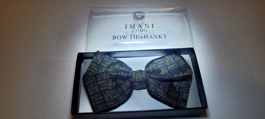 Imani Uomo Pre-tied Microfiber Bow Tie + Hanky - Dark Blue & Gold Geometric Pattern