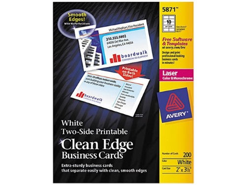 Avery Clean Edge Printable Business Cards with Sure Feed Technology for Laser Printers, 5871, 2" X 3.5", White, 1,000 Blank Cards