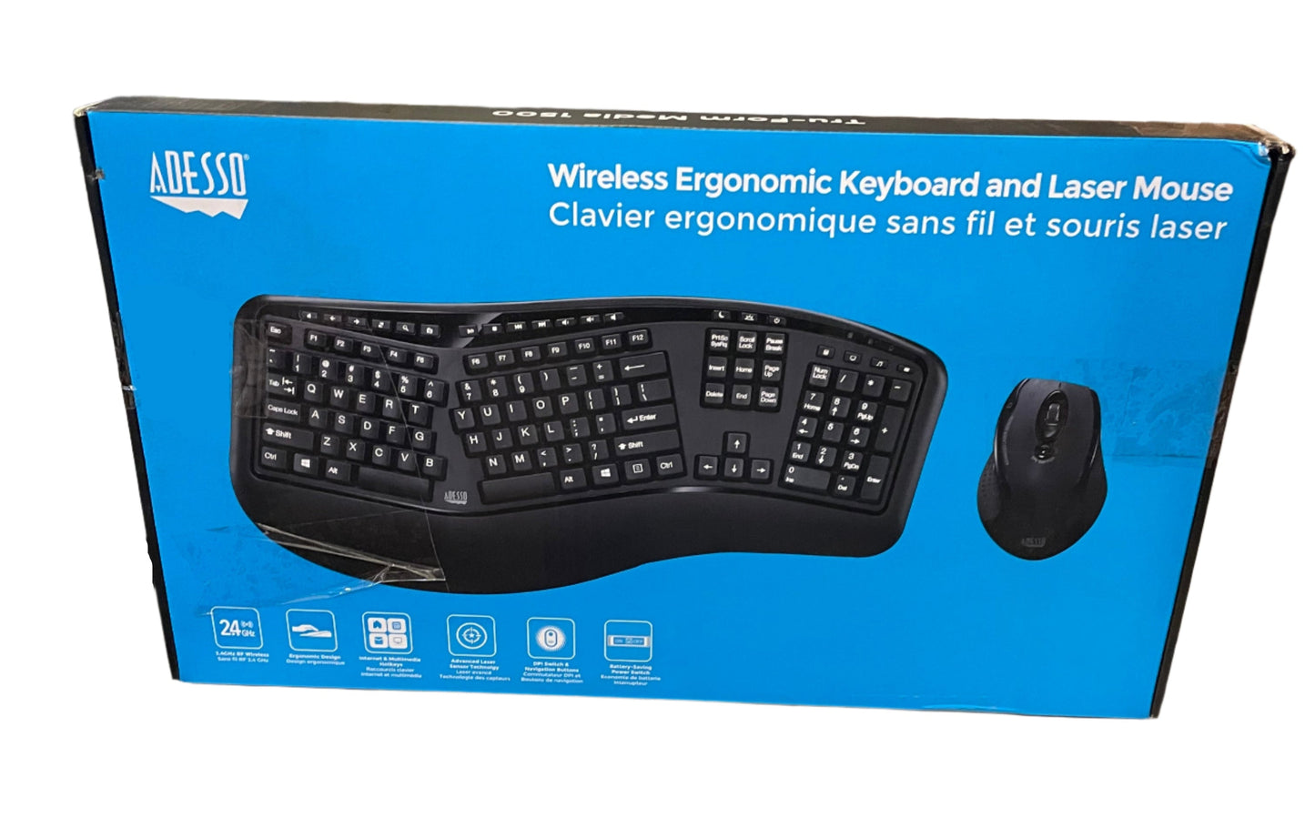Adesso WKB-1500GB - Wireless Ergonomic Desktop Keyboard and Laser Mouse with Split Keys Design and Palm Rest for Comfort