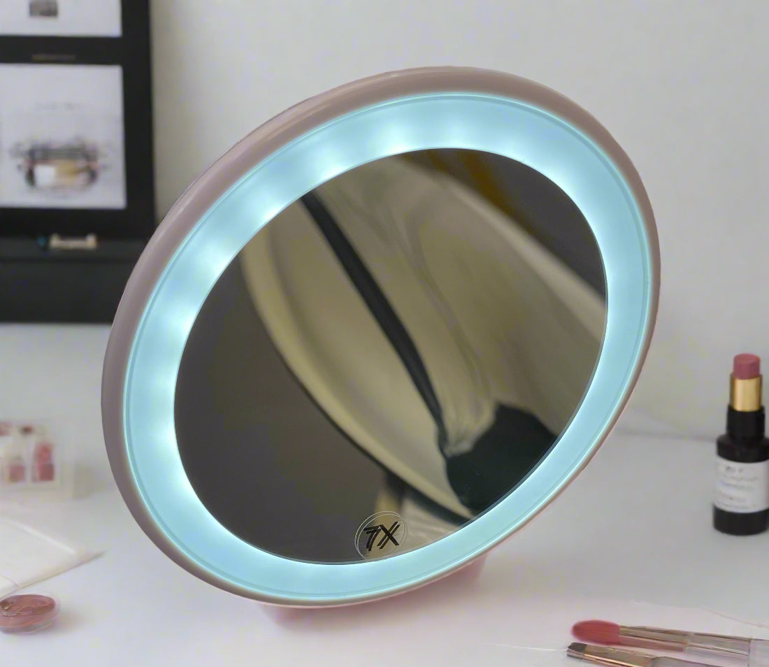 Portable 7x Magnifying LED Lighted Makeup Vanity Mirror (Pink), Swivel Suction Cup / USB Rechargeable