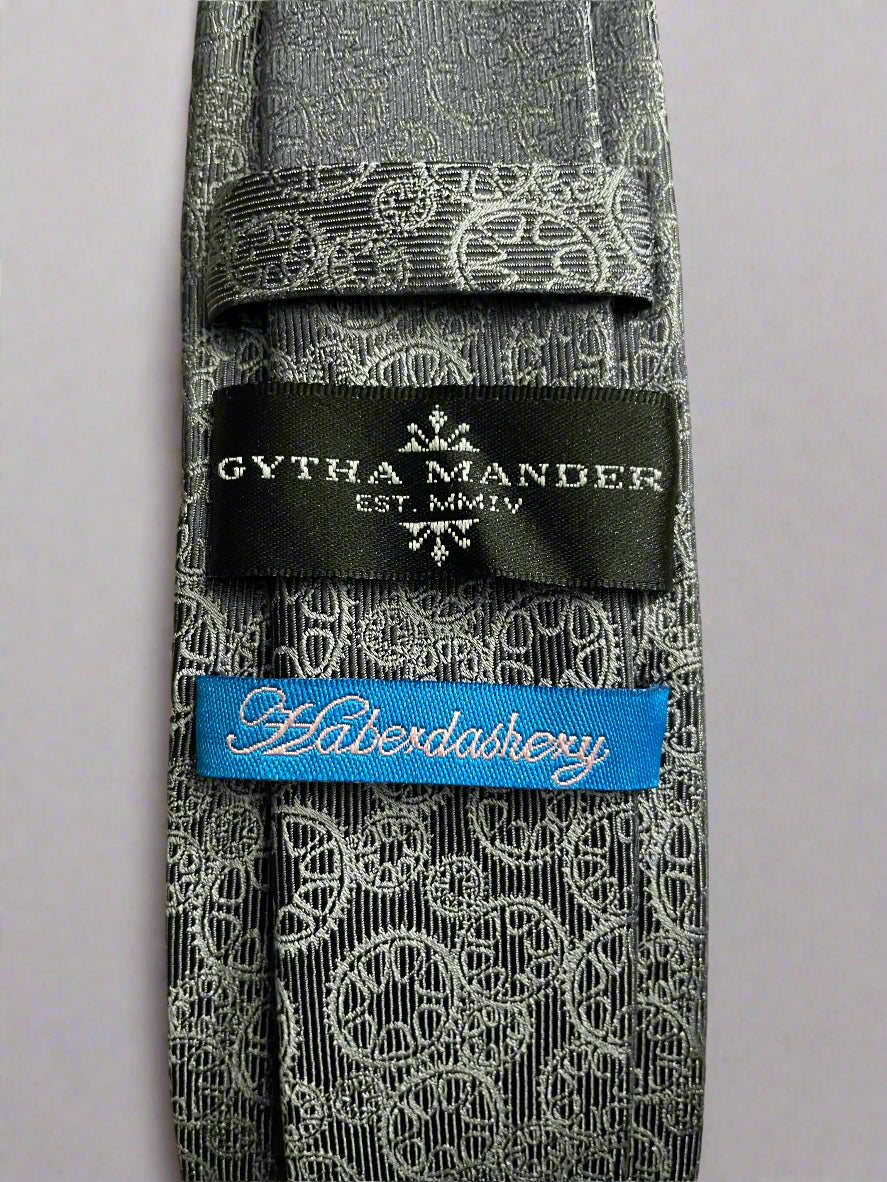 Gytha Mander Haberdashery Tie - Size: Tall / Color: Dark Grey  / Pattern: Ribbed w/design print