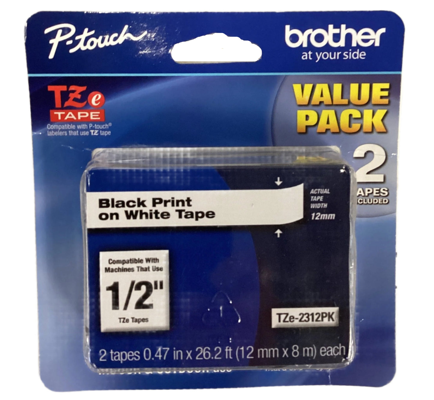 Brother P-touch Black Print on White Tape; laminated and durable tape 1/2"