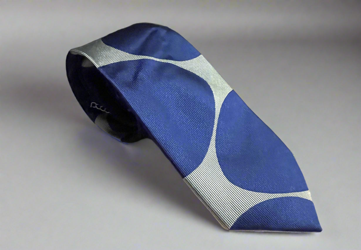 Gytha Mander Haberdashery Tie - Size: Tall Color: Silver Pattern: Silk w/Blue Circles