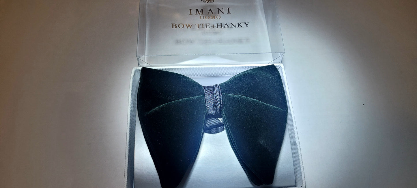 Imani Uomo Pre-tied Velvet Bow Tie + Hanky - Dark Green