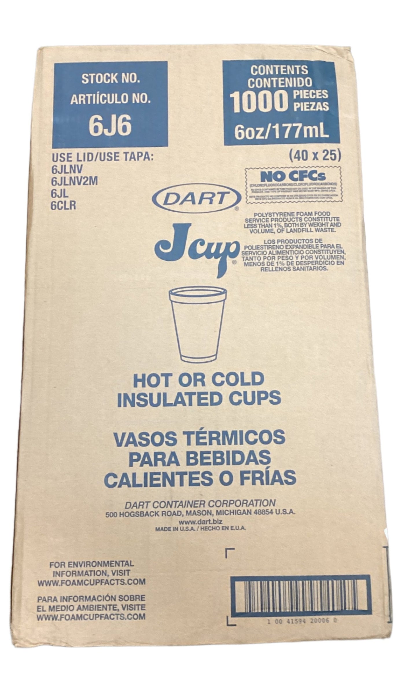 Dart Disposable Insulated Drinking Cup White Styrofoam 6 Oz. 1000 Ct | Model: 6J6