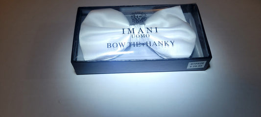 Imani Uomo Pre-Tied Bow Tie + Hanky Microfiber - White