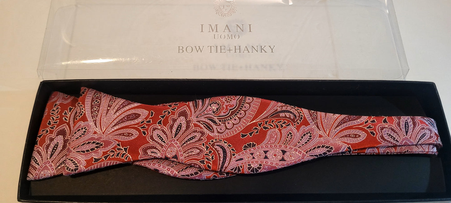 Imani Uomo Red/Pink Paisley Microfiber Self-tie Bow Tie + Hanky