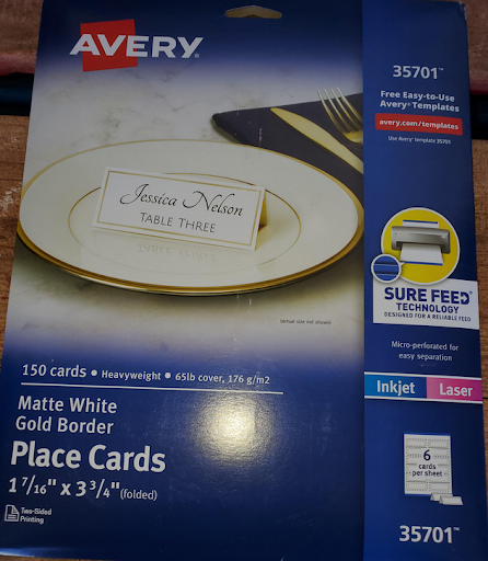 Avery Printable Place Cards with Sure Feed Technology, 1-7/16" X 3-3/4", White with Gold Border, 150 Blank Place Cards