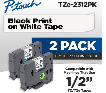 Brother P-touch Black Print on White Tape; laminated and durable tape 1/2"