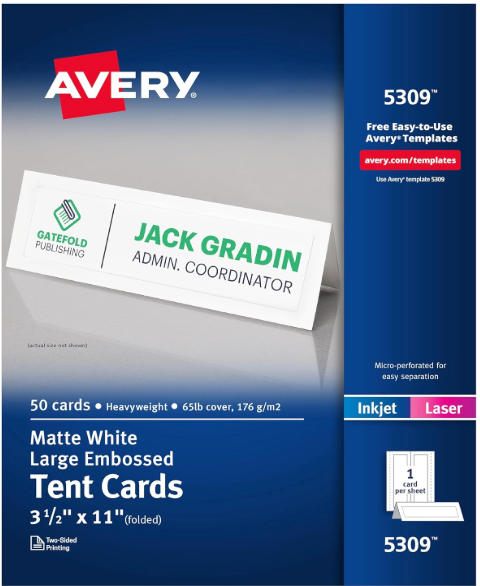 Avery Large Embossed Tent Card, White, 3.5 X 11, 1 Card/sheet, 50 Sheets/box ( AVE5309 )