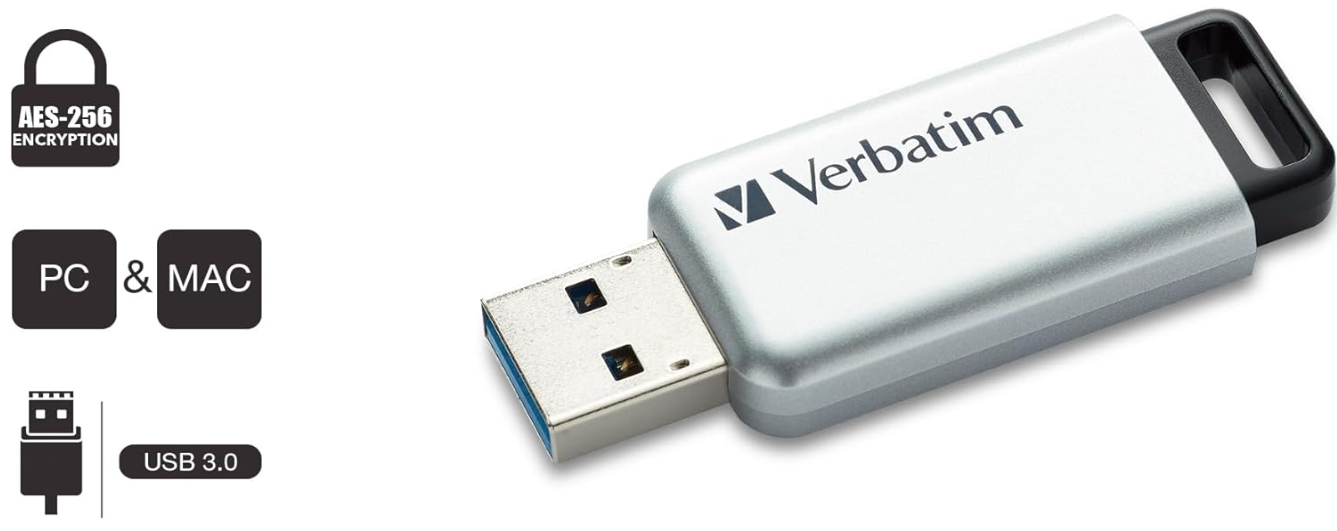Verbatim Store 'n' Go Secure Pro USB Flash Drive with Aes 256 Encryption, 64 Gb, Silver ( VER98666 )