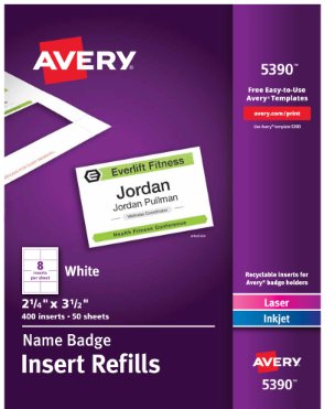 Avery Name Badge Insert Refills, Horizontal/vertical, 2 1/4 X 3 1/2, White, 400/box ( AVE5390 )