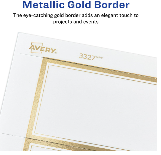 Avery Laser/Inkjet Invitation Cards, 5" X 7", White/Gold, 30 Cards & Envelopes/Pack (3325)