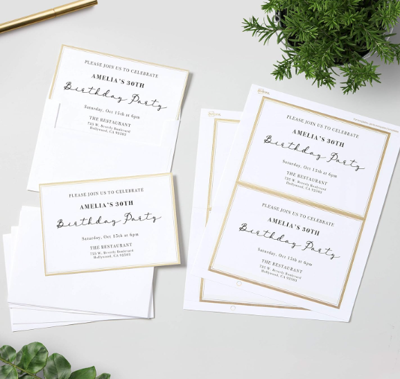 Avery Laser/Inkjet Invitation Cards, 5" X 7", White/Gold, 30 Cards & Envelopes/Pack (3325)