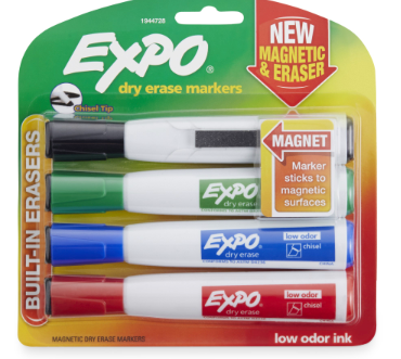 EXPO Magnetic Dry Erase Marker, Broad Chisel Tip, Assorted Colors, 4/pack ( SAN1944728 )