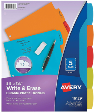 Avery Big Tab Write & Erase Plastic Dividers, 5 Tabs, Bright Multicolor (16129)