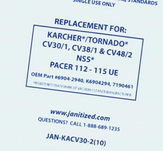 Janitized JAN-KACV30-2 Karcher/Tornado CV30/1 and CV38/1 2 Ply Vacuum Bag (10 per Pack, Case of 10 Packs)