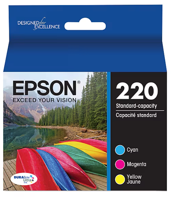 Epson T220 Cyan/Magenta/Yellow Standard Yield Ink Cartridge, 3/Pack (T220520-S)