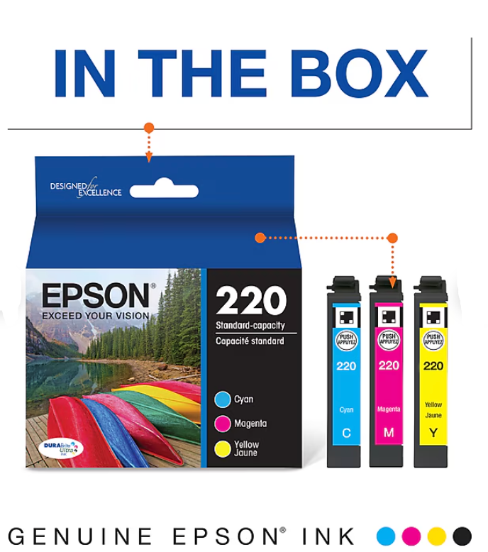 Epson T220 Cyan/Magenta/Yellow Standard Yield Ink Cartridge, 3/Pack (T220520-S)